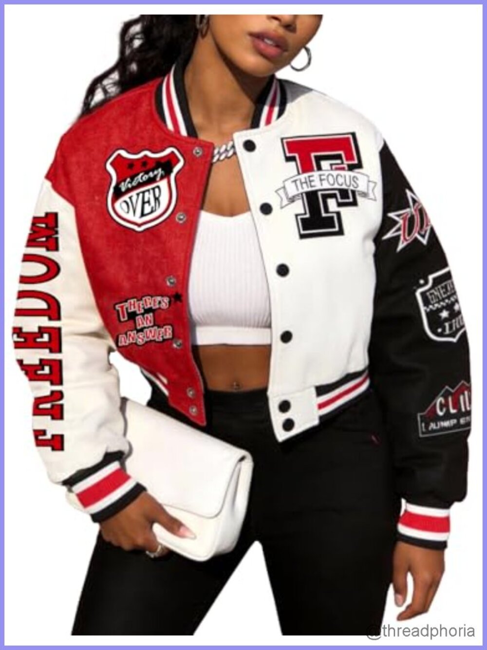 Women's Varsity Letterman Cropped Bomber Jacket Cotton Blend Snap